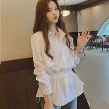中长款白衬衫女长袖抽褶收腰高腰韩版宽松春气质仙女范显瘦衬衣