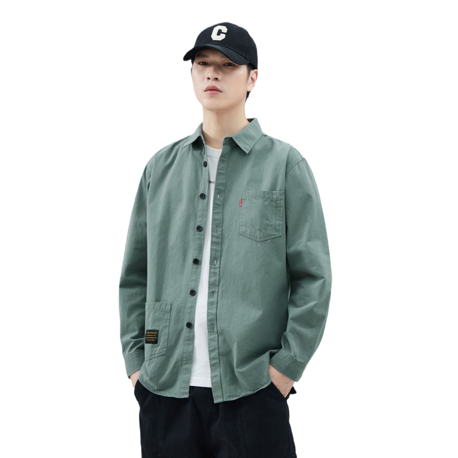 Camisas personalizadas de fábrica para hombres primavera y verano algodón de manga larga tendencia de ropa de estilo americano con solapa de bolsas de moda de ropa de estilo