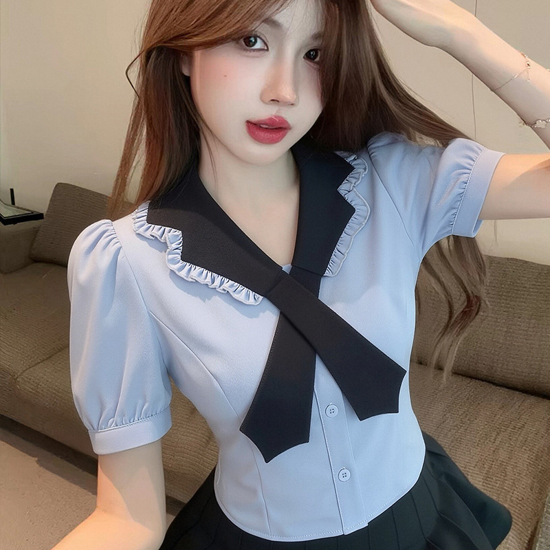Purely desirable color-blocked doll collar short-sleeve shirt for women, summer short style, waist-cinching, puff sleeves, college style, with tie, JK top