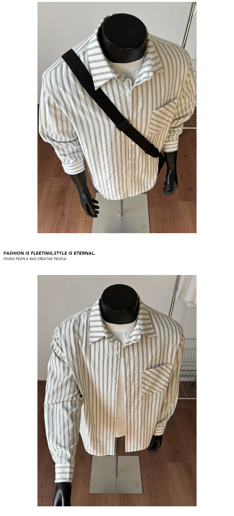 Camicia americana retro a righe grigie e bianche da uomo_voghion.com
