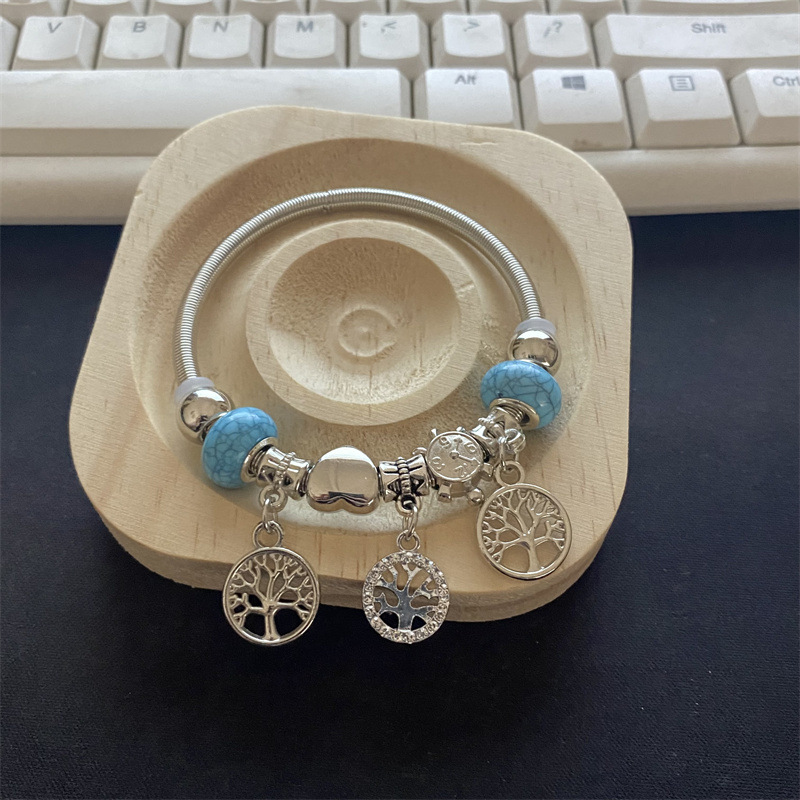 Pulsera de Acero Inoxidable Panjia Dora con Corazón y Oso, Pulsera Abierta con Cuentas para DIY, Joyería de Estilo Fresco, Éxito de Ventas en Amazon