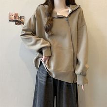 白枕鹤胖气质斜拉链领连帽正肩卫衣外套女装早春秋冬大码开