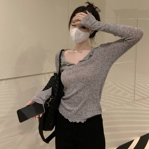 Korean Pure Desire Lazy V-Neck Slimming T-shirt Women's Top Casual Long Sleeve T-shirt