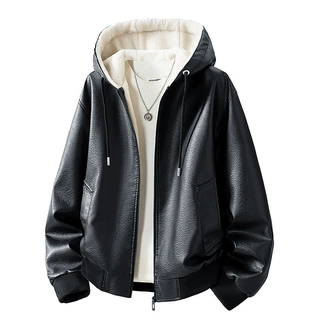 PU皮衣夹克男款美式复古加绒硬朗松弛老钱风街头连帽宽松男士外套