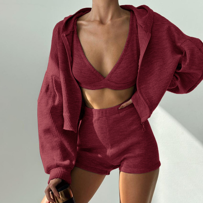European And American Style Sports Suit Basic Solid Color Hooded Loose Zipper Jacket Small Vest + Shorts Casual_ecoleips.com