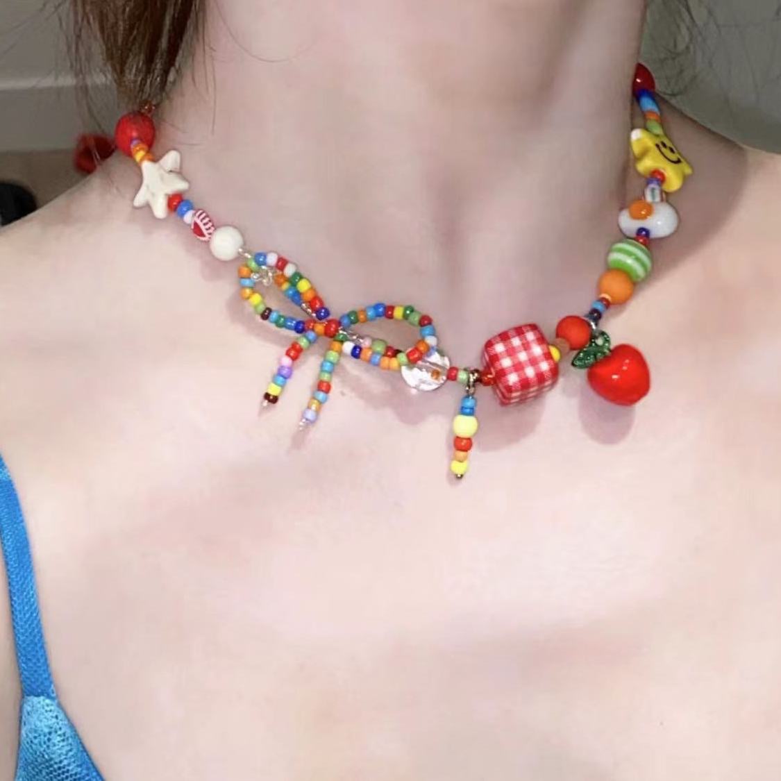 Summer Dopamine Colorful Apple Star Beaded Necklace Versatile Cute Style Light Luxury Summer Clavicle Chain Wholesale
