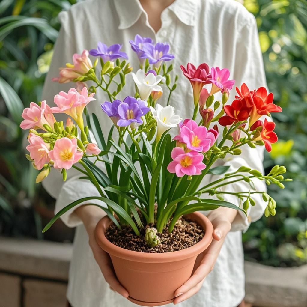 Bola de flor de cilantro, planta en maceta, pétalos dobles, fresia con brotes, raíz con capullos, planta en maceta de color mixto, flores en todas las estaciones