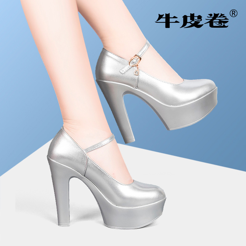 In-Stock Low-Cut Factory-Made Chunky Heel Silver-White Black Round-Toe Shallow Women's Leather Shoes Fashion Runway Cheongsam High Heels