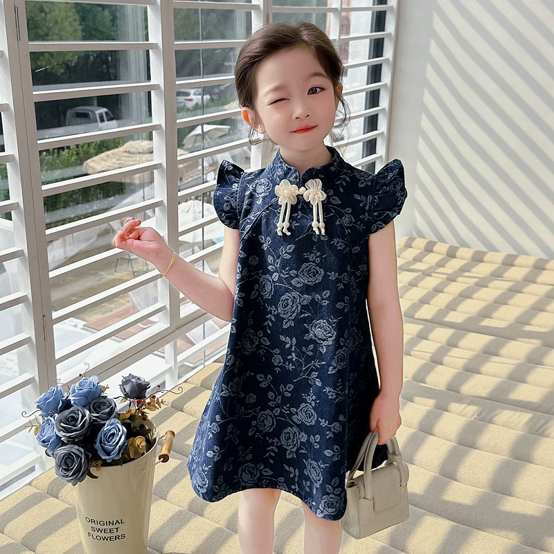 Платье для девочек Cheongsam 2025 новый летний национальный стиль жаккардовая джинсовая юбка