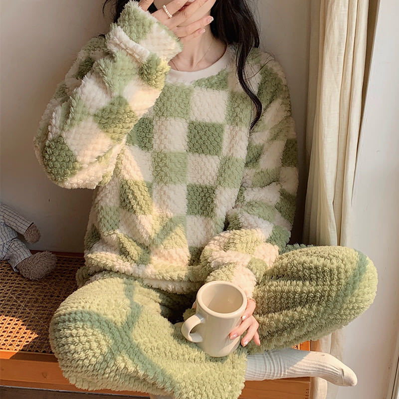 秋冬睡衣女圆领可爱格子甜美清新珊瑚绒加绒加厚套装可外穿家居服|undefined