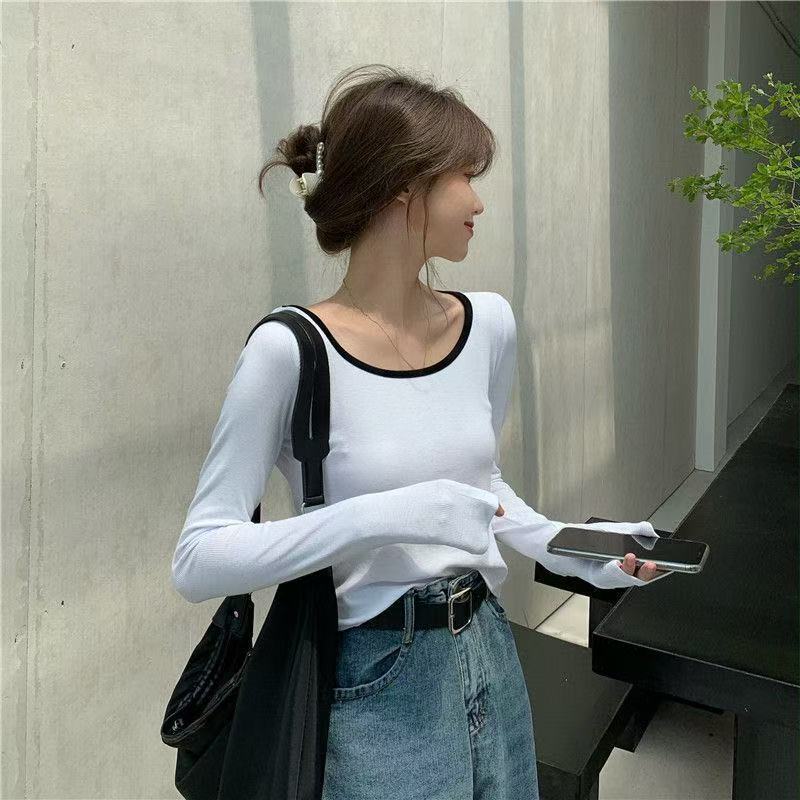 黑色新款低领打底衫长袖t恤女春装秋冬内搭修身显瘦露锁骨上衣|undefined