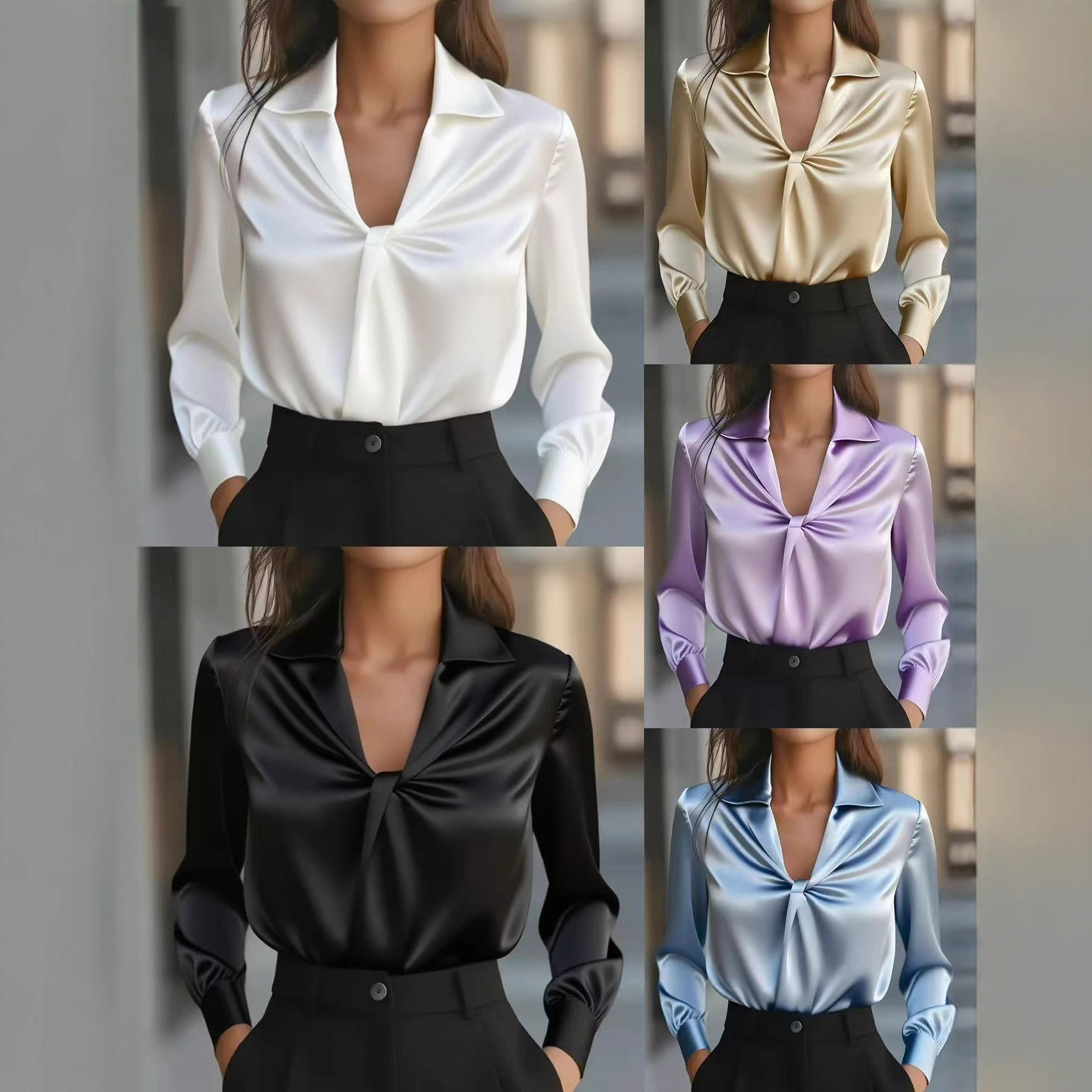 2025 Independent Station Wish Amazon Hot Style Autum Fashionable Pure Color Satin Pleated Long-Sleeved Shirt for Women