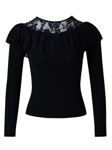 Black lace ballroom Latin dance tops women's long sleeved ruffles neck adult lace bling shirts for female modern dance practice clothing national standard dance clothes