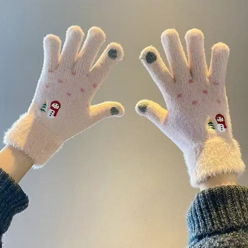 公主风保暖手套雪人刺绣针织可爱防寒保暖毛绒防风骑行秋冬季手套|undefined