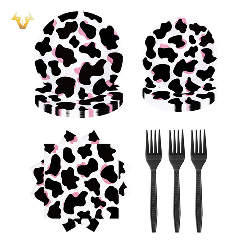 New Cow Theme Tableware Set Disposable Paper Plates Paper Cups Paper Towels PE Tablecloth Scene Decorative Supplies