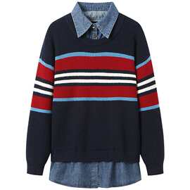 牛仔衬衫拼接翻领针织衫秋冬新款韩版外穿假两件减龄撞色毛衣女潮