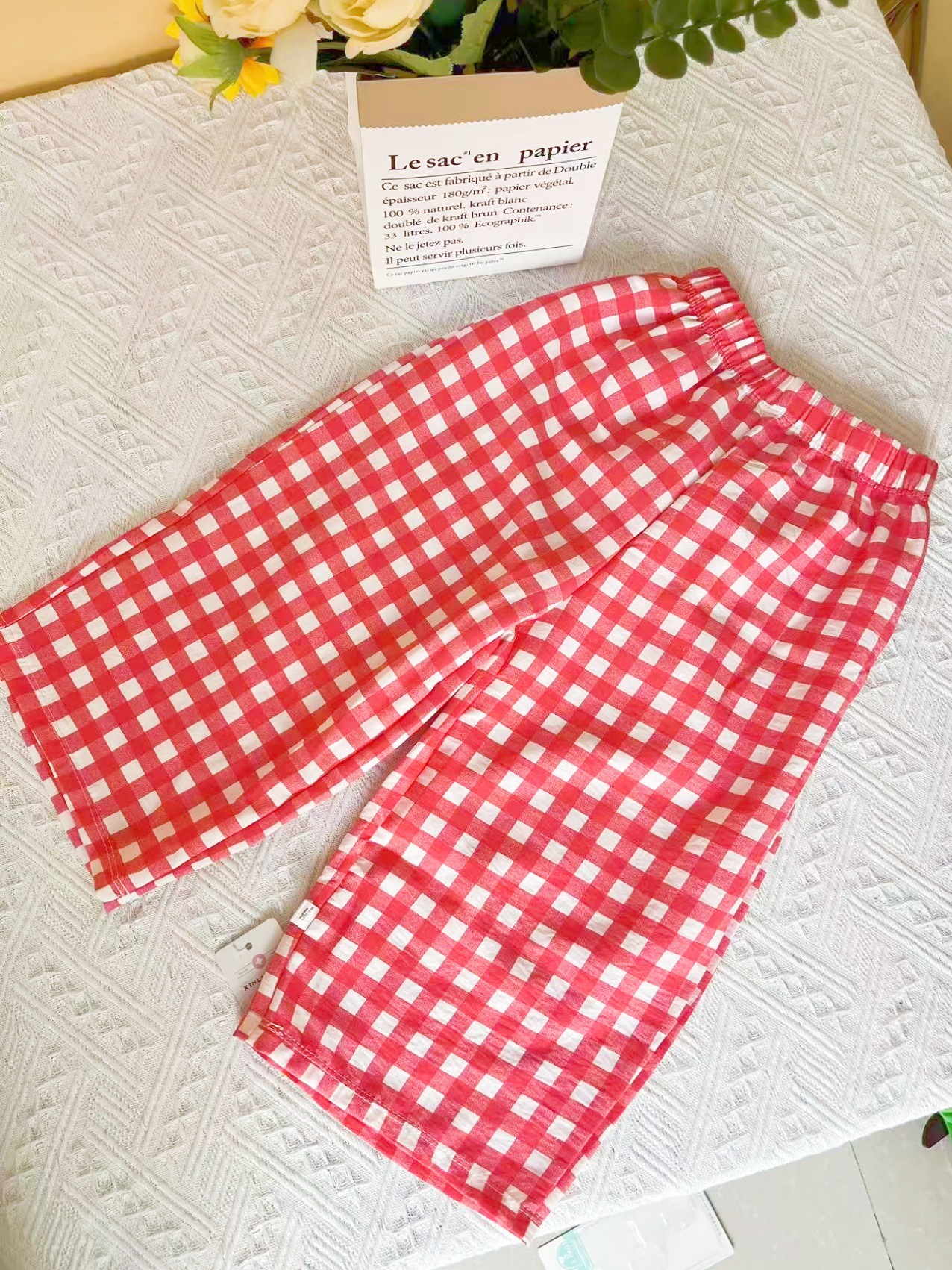 격자 무늬 바지 빨간색