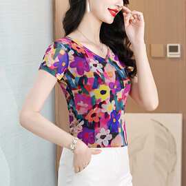 跨境t恤女大码网纱印花双层打底衫女短袖上衣洋气小衫图片色拼接