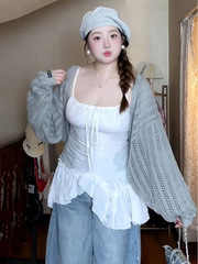 大码微胖休闲蕾丝吊带背心女装秋季新款胖遮肉显瘦防晒开衫上衣