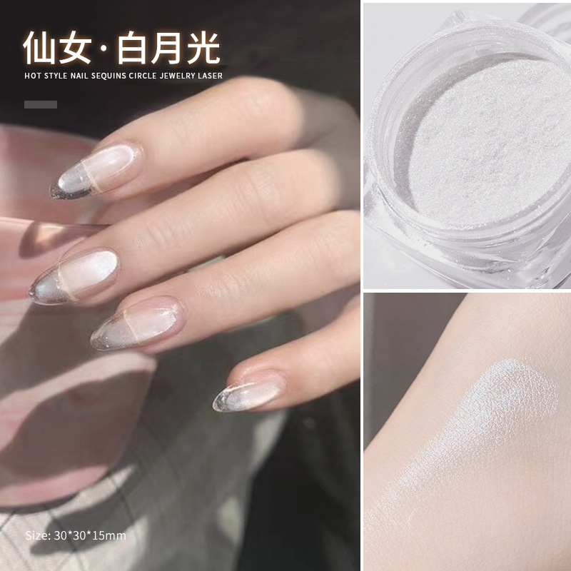 Internet celebridad estilo brillante plata espejo mágico polvo desgaste pieza de uñas decoración Hada luz de la luna polvo de Aurora espejo harina