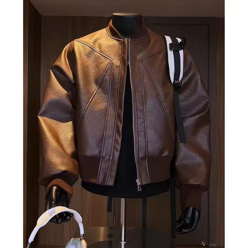现货 有内袋 原版做工 水洗PU皮宽松美式棒球服外套JK9363特P70|undefined