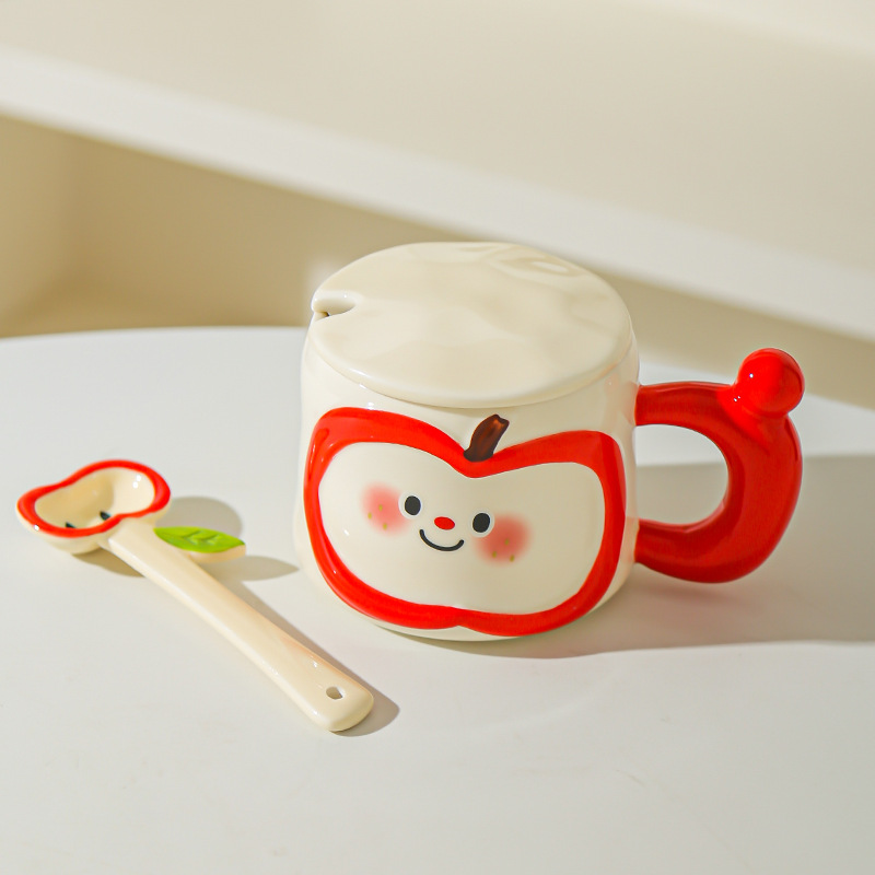 Regalos de cumpleaños creativos lindos tazas de agua de manzana de alto valor facial taza de cerámica con cubierta cuchara práctica acompañante caja de regalo