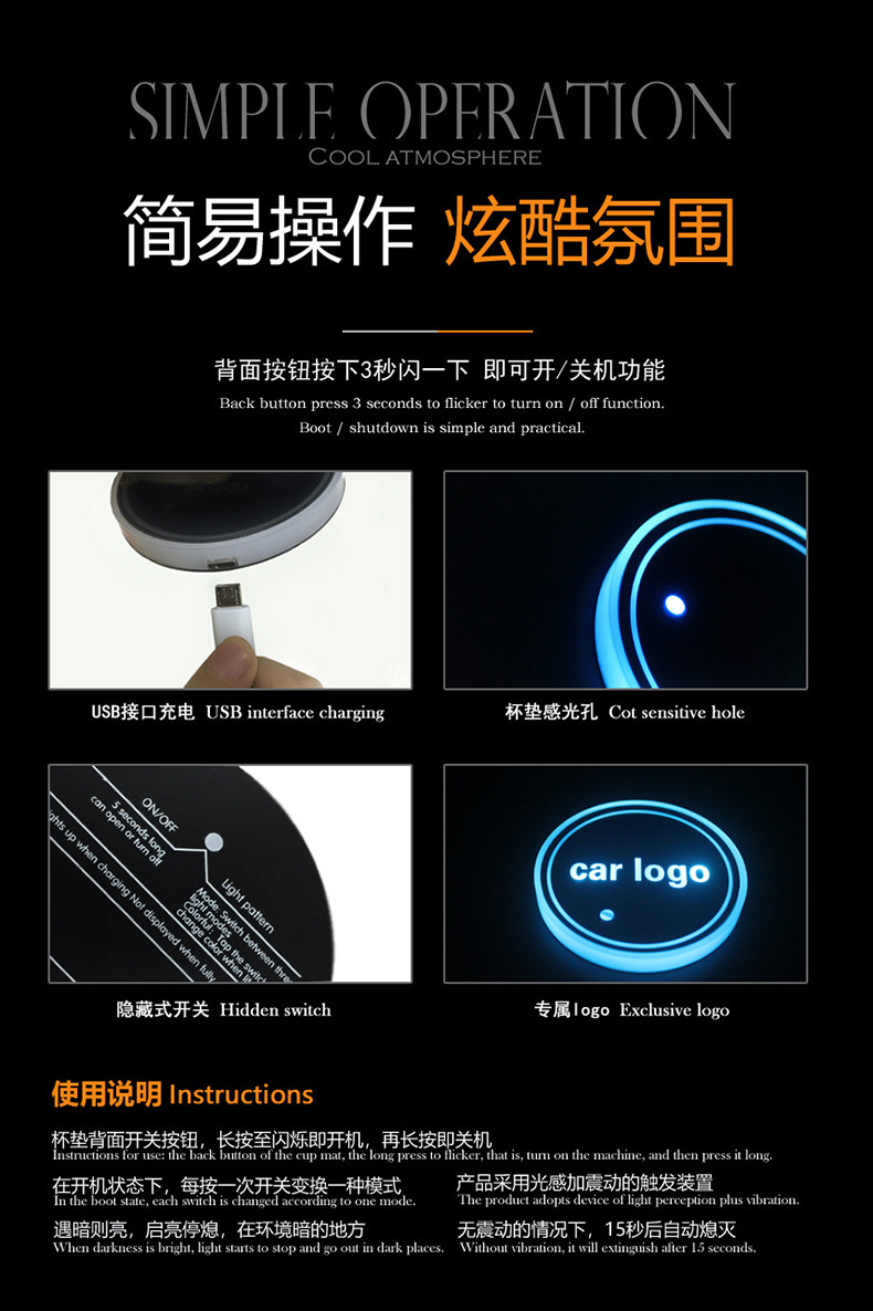 Car Luminous Colorful Led Water Cup Mat Interior Anti-Slip Mat Night Light Car-Mounted Automatic Sensing Decorative Ambient Light