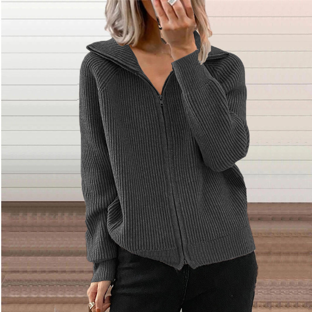 Otoño e invierno transfronterizo europeo y americano Nuevo abrigo casual a rayas suéter suelto cremallera cardigan manga larga suéter de solapa para mujer image 9