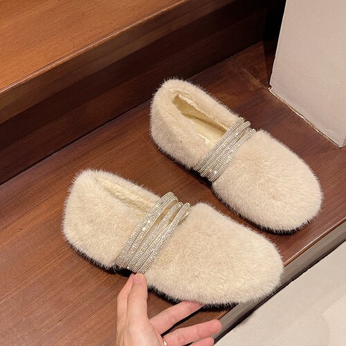 One-Pedal Moccasin Shoes - Autumn/Winter New Water Diamond French Perfume Style Outer Worn Cotton Shoes with High-End Warm Felted Head Slip-On Shoes