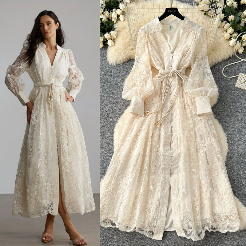 French high-end women's dress 2025 spring waist heavy embroidery V-neck lantern sleeve single-breasted long skirt French high-end women's dress 2025 spring waist heavy embroidery V-neck lantern sleeve single-breasted long skirt