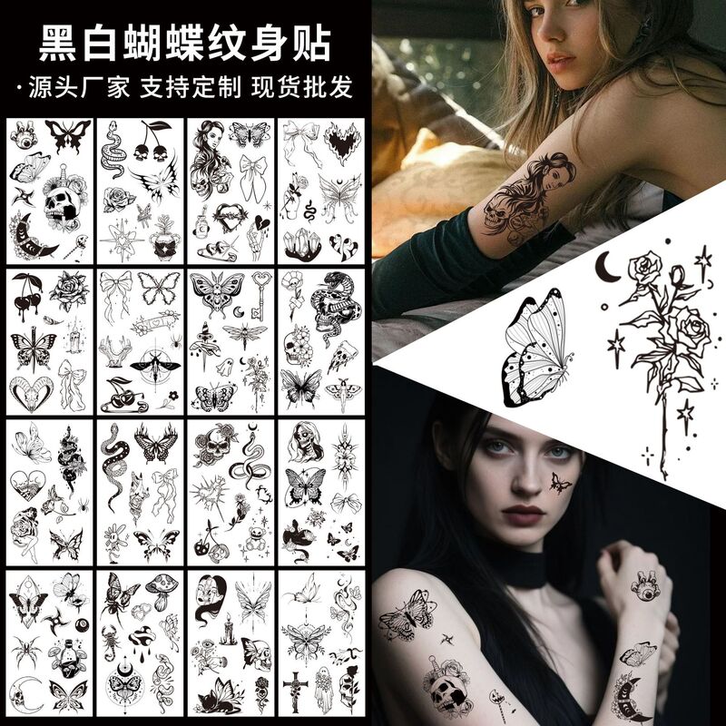 Cross-Border New Style Fresh Tattoo Stickers with a High-End Feel, Ins Butterfly Flower Snake Black and White Sexy Female Realistic Tattoo Stickers