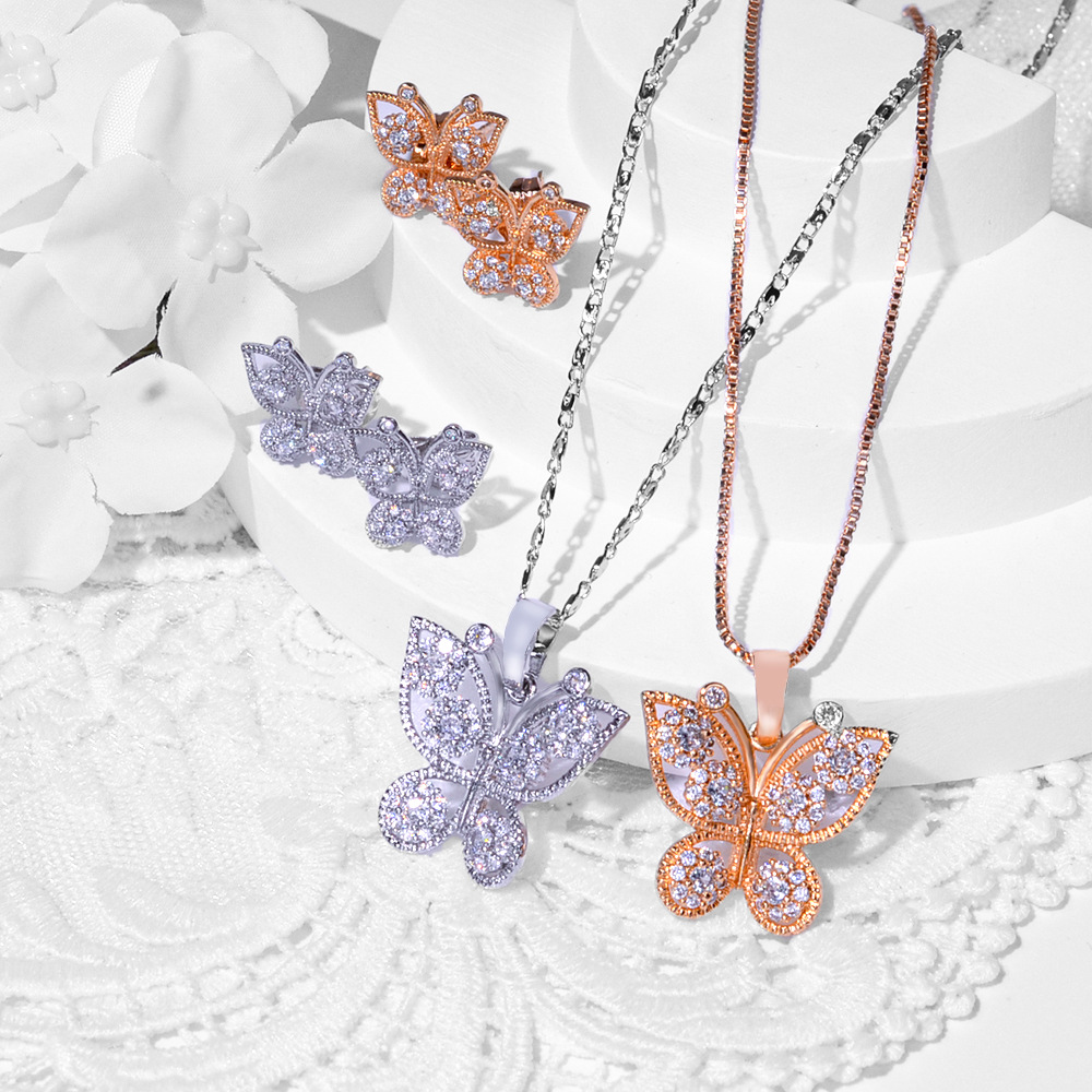 2024 moda mariposa diseño pendientes de zircón collar conjunto de joyería para mujeres hermosas pendientes colgante dos piezas conjunto