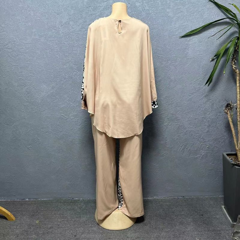 Women's Clothing large size loose bat sleeve leopard print color matching hot diamond top with trousers suit_voghion.com