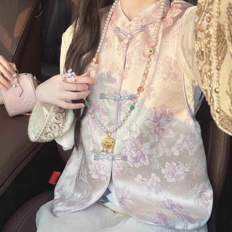 New Chinese Style National Style [Hua Qin] Silk Lilac Jacquard Vest for Women 2025 Spring New Fashion Age-Reducing Waistcoat