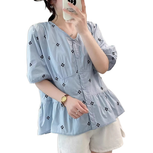 Korean Loose Elegant Collar Short Sleeve Shirt for Women 2025 Summer Slimming Waist Tunic with Fresh and Clean Embroidery Top