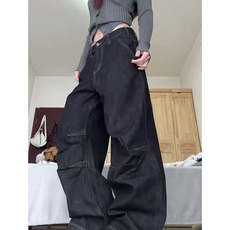美式大码复古工装裤女冬季新款高腰显瘦宽松直筒阔腿牛仔拖地长裤