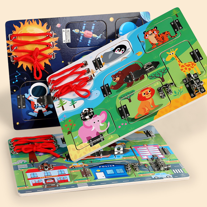 Tablero ocupado bebé de un año 2 niños pequeños 3 niños de educación temprana Montessori desbloquear la casa de madera rompecabezas puerta de puerta juguetes