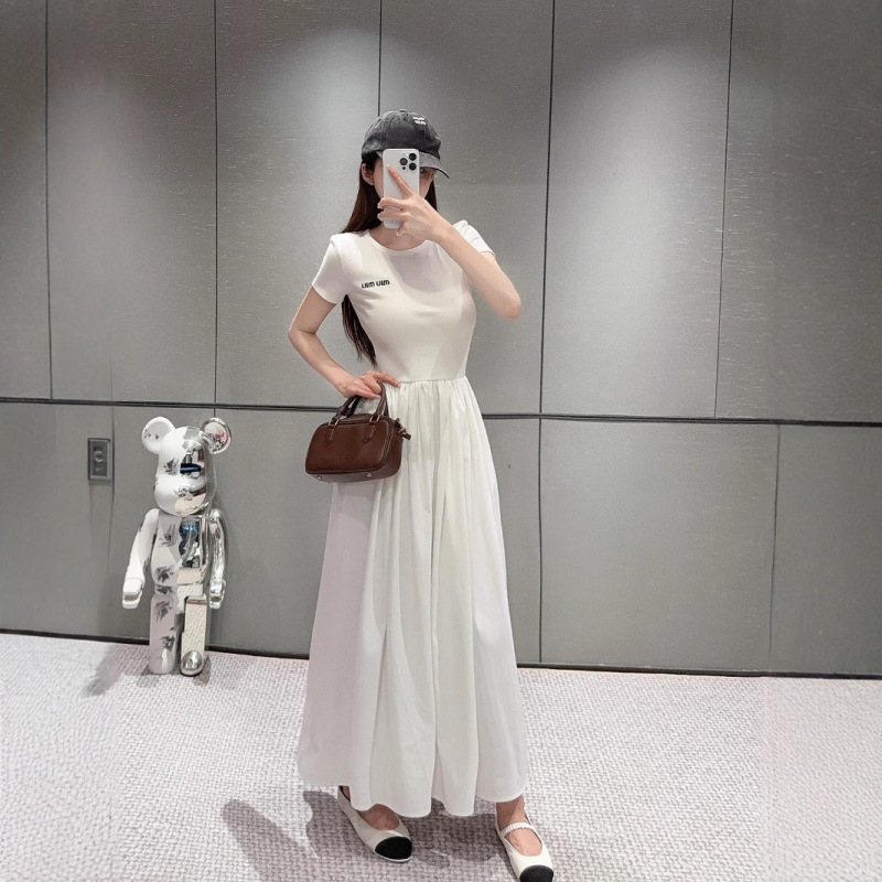 mm Home 25ss 春夏新作 立体ウエストデザイン おしゃれ 着痩せプリーツ 大きめスカート 半袖ワンピース 2種類|undefined