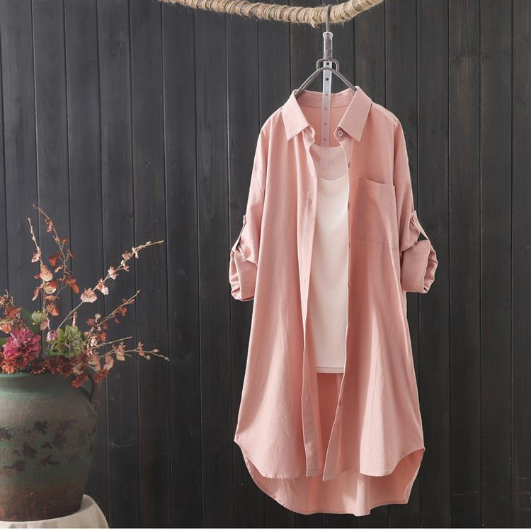 Mid-Length Cotton and Linen Shirt for Women, New Spring and Autumn Style, Loose and Versatile Long-Sleeve Top, Slimming Outerwear, Export