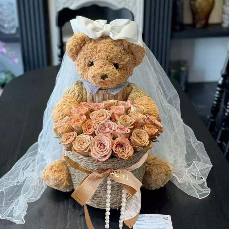 永生花小熊抱抱桶头纱花束仿真玫瑰皂花送女朋友送闺蜜生日礼物花|undefined
