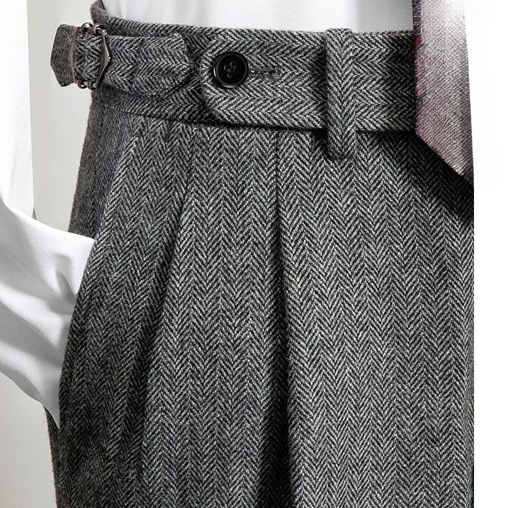 Straight-Leg Men's Dress Pants 2025 Gray Slim High-Waisted Double-Pleat Casual Black Trousers Italian Tweed