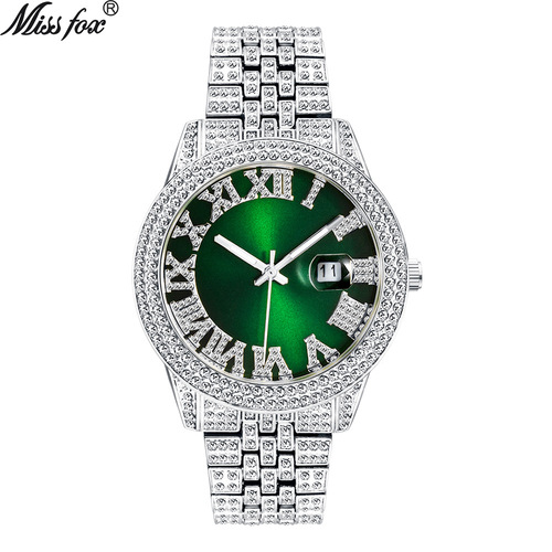 MISSFOX watch, international fashion Roman rose pink full diamond waterproof luminous men's quartz watch cross-border supply