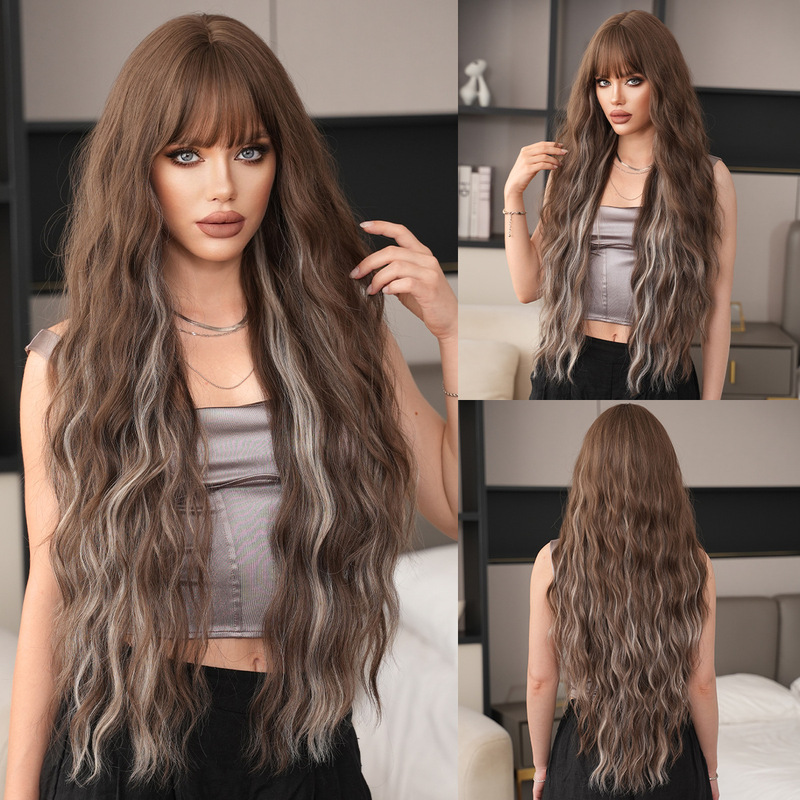 High-Quality 36-Inch Extra-Long Wig for Women, Wavy Curly Hair with Bangs, Brown Highlights with Gray, Heat-Resistant Synthetic Fiber Wig
