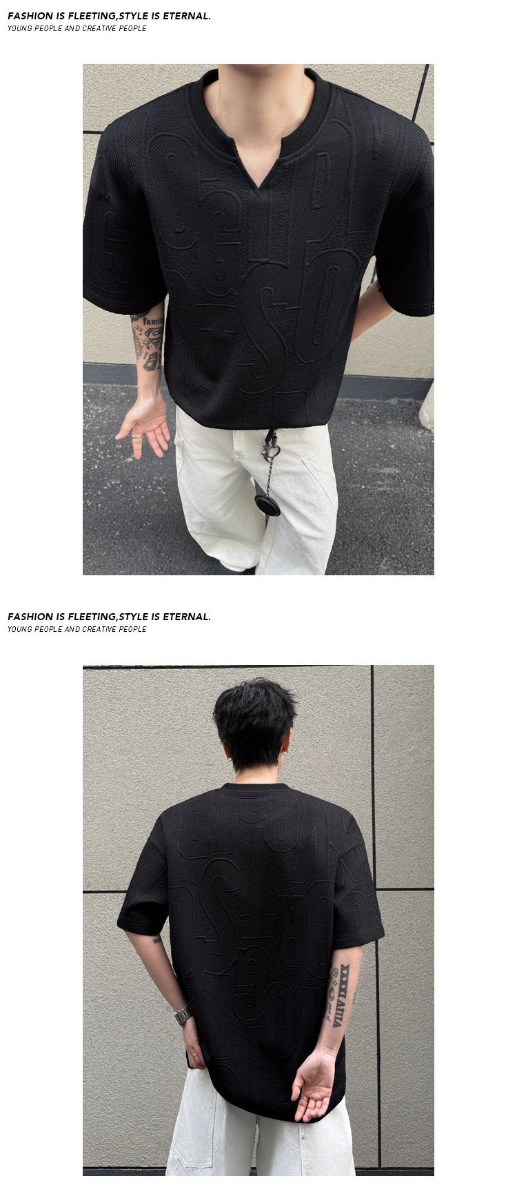 T-shirt uomo scollo a v nero testurizzato maniche corte casual_voghion.com