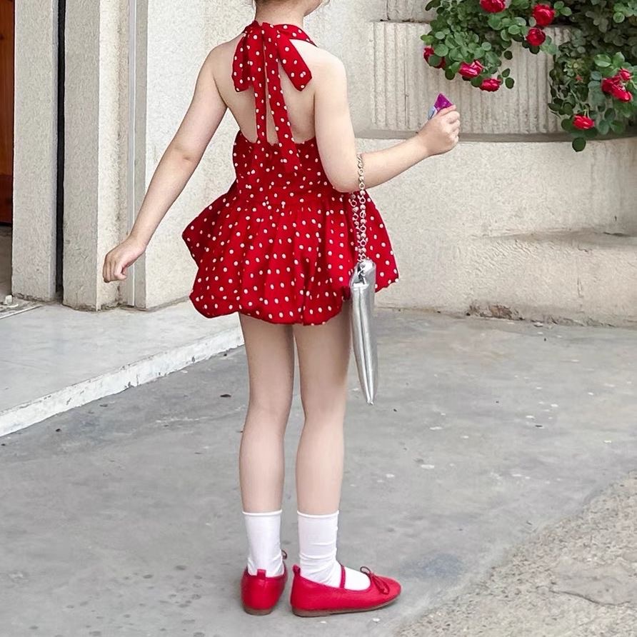 2025 vestido año natal China Red Wave Dot Niños Niñas Verano Chaleco Falda Bebé Vestido de princesa de estilo occidental