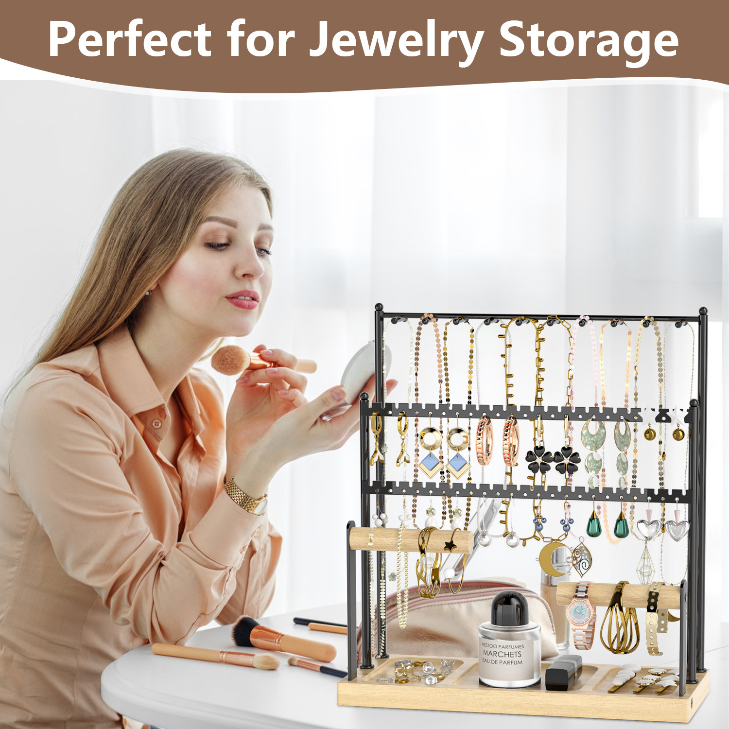 Larga capacidad de exhibición de joyería estante de hierro forjado casero pendientes multicapa percha de joyería gancho estante de madera image 3