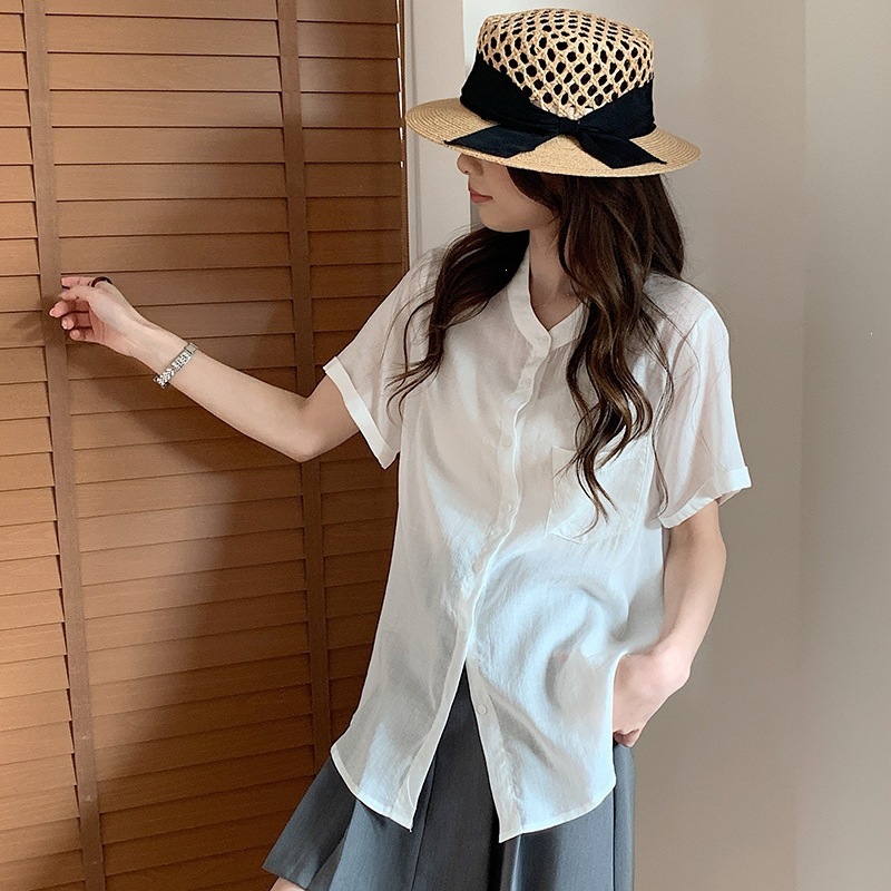 High-Quality Tencel Linen Short-Sleeve Shirt for Women, Spring/Summer Casual Pocket Shirt, Minimalist Breathable V-Neck Top