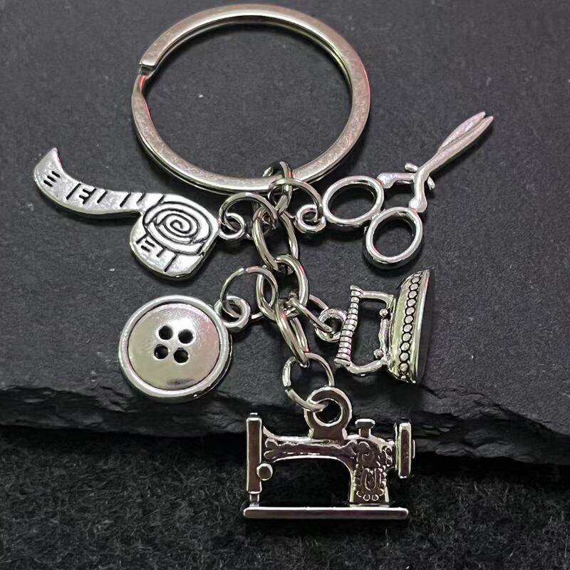 New Tailor Pendant Small Gift Sewing Machine Tape Measure Scissors Button Iron Clothing Designer Keychain