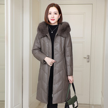 供应链100%绵羊皮狐狸毛领连帽鹅绒皮羽绒服2024真皮皮衣外套女