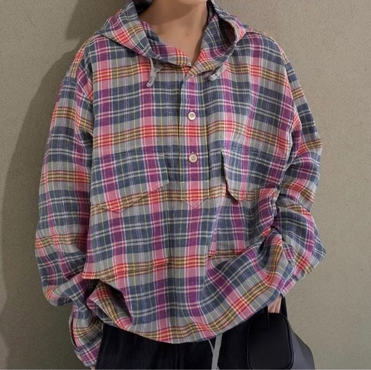 马德拉斯格纹外套亚麻连帽宽松色织上衣